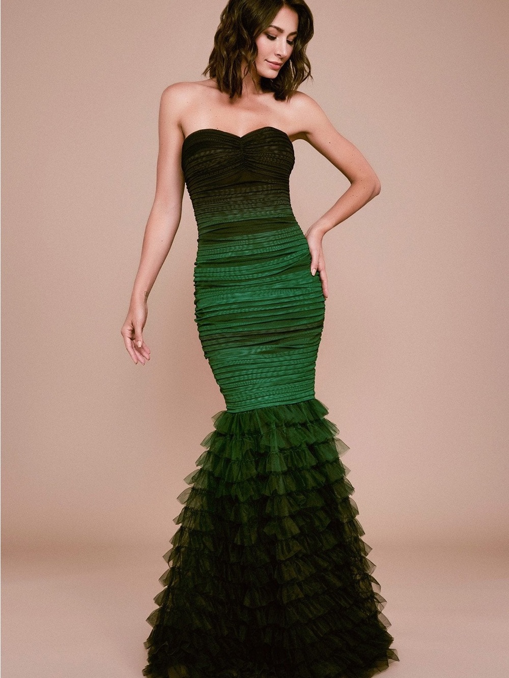 Tadashi Shoji Strapless Green Ombre Ruffle Mermaid Gown